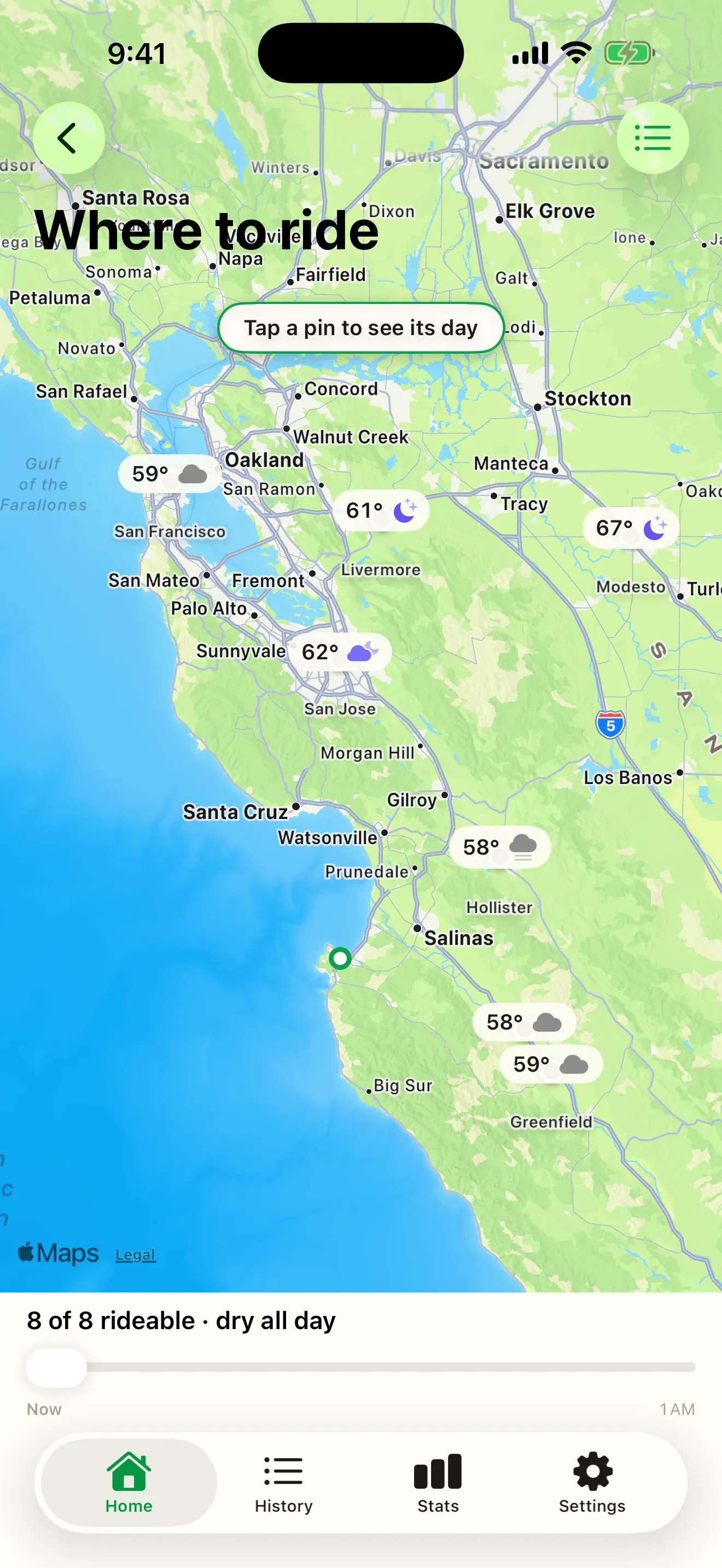Where to ride — a map of nearby destinations, each pin rated for today's riding weather with its temperature