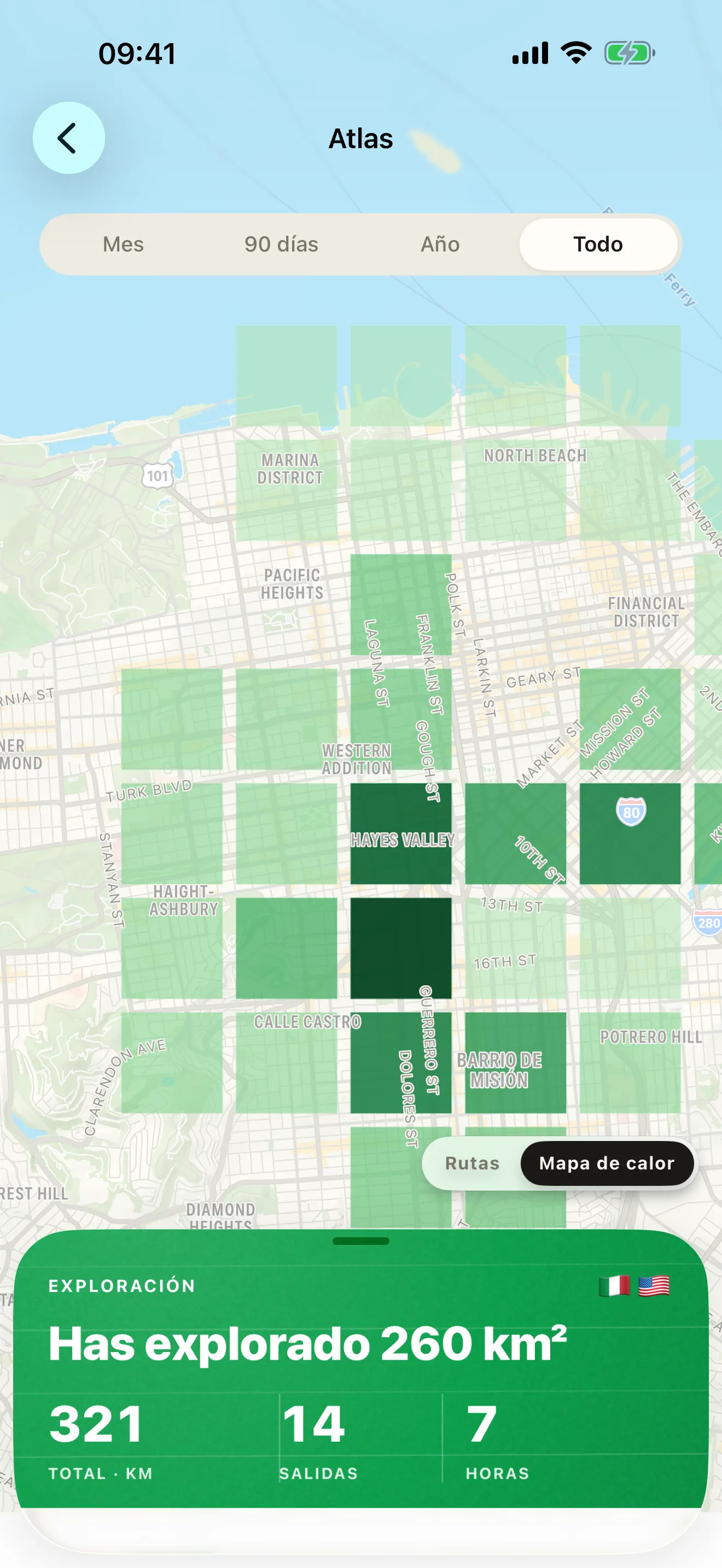 El Atlas en Roveri: las carreteras de una ciudad dibujadas como cuadrados verdes sobre un mapa, con más color donde las salidas se repiten