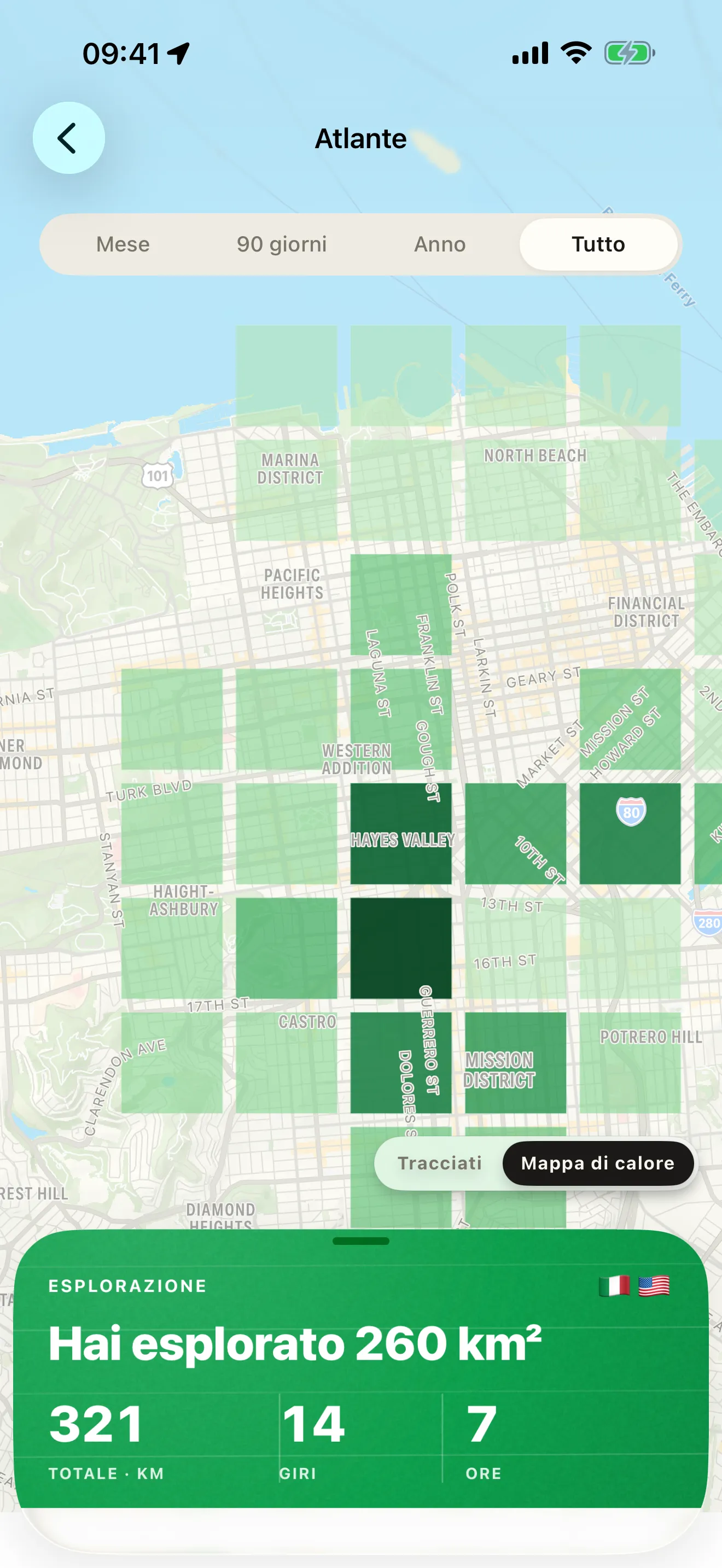 L’Atlante in Roveri — le strade di una città disegnate come quadrati verdi su una mappa, più intensi dove i giri si ripetono