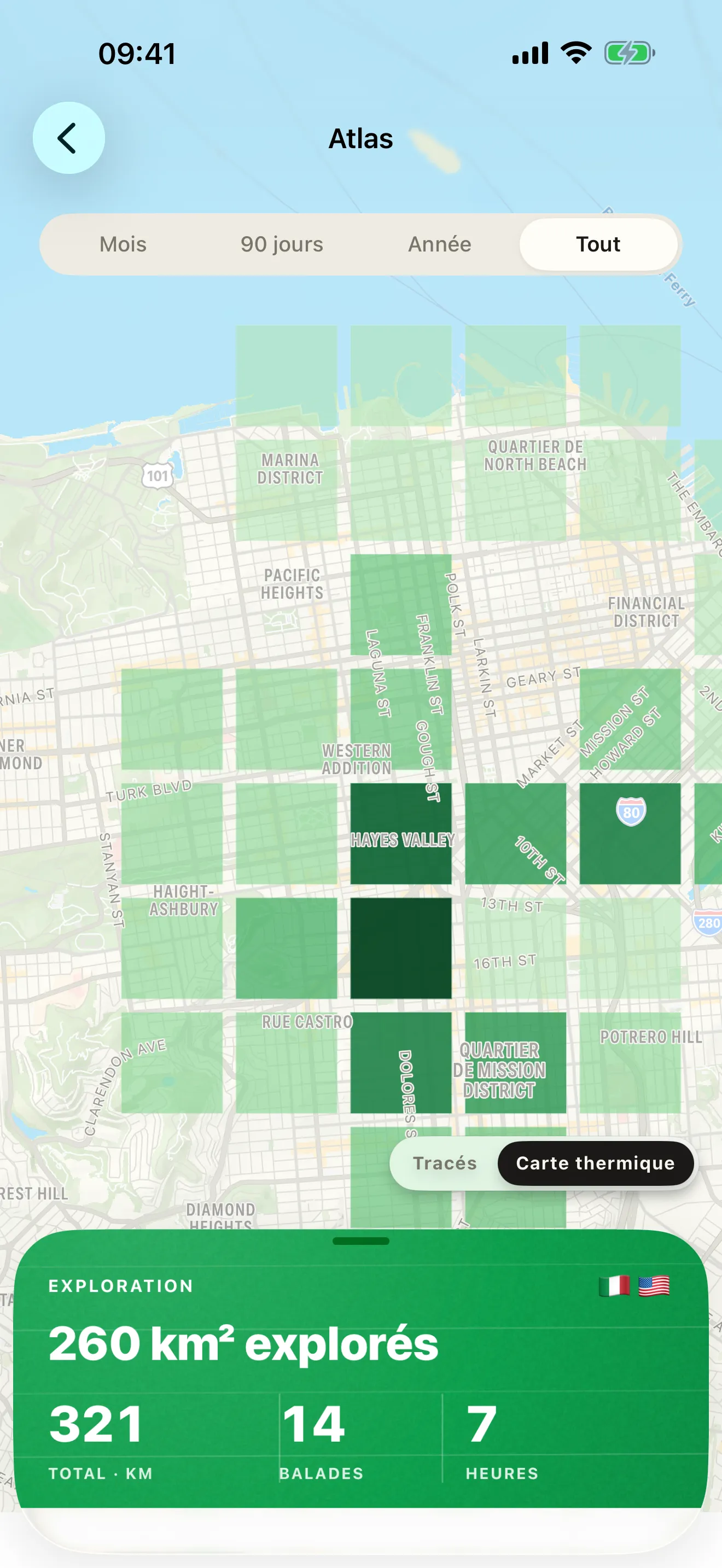 L’Atlas d’exploration dans Roveri — les routes d’une ville dessinées en carrés verts sur une carte, plus foncés là où les balades se répètent
