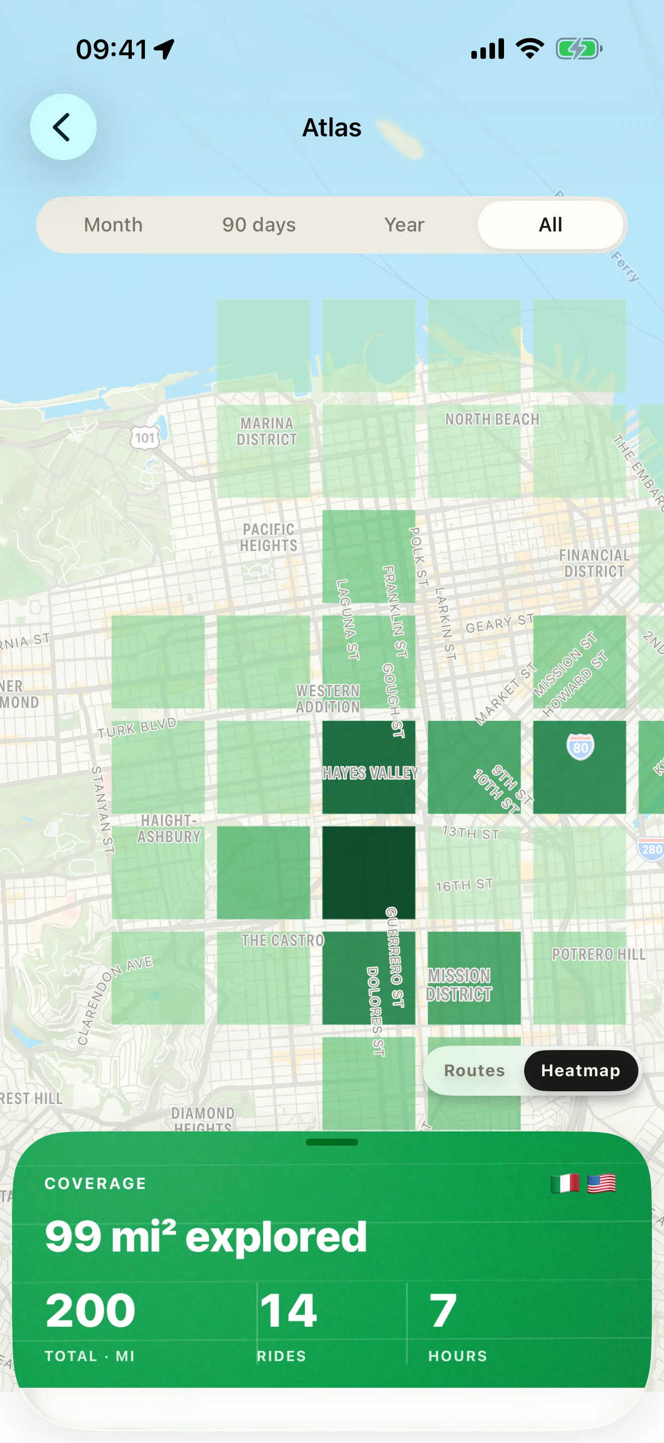 The Coverage Atlas in Roveri — a city's roads drawn as green squares on a map, deepest where rides repeat