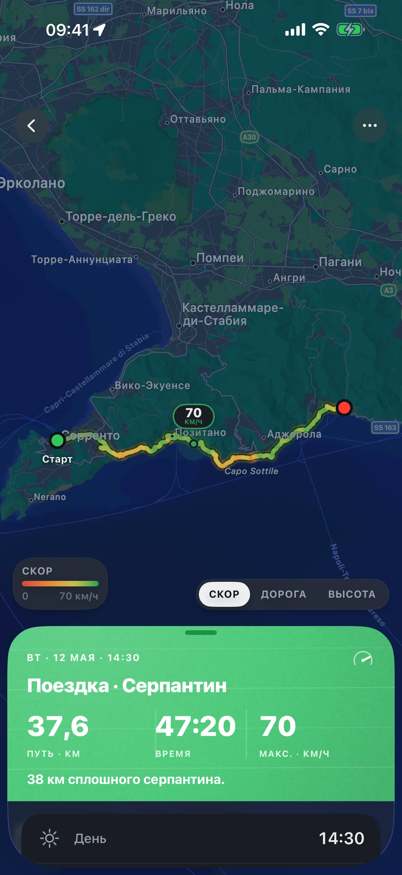 Roveri показывает записанную поездку: маршрут проложен по тёмной карте побережья, рядом — зелёная панель со статистикой