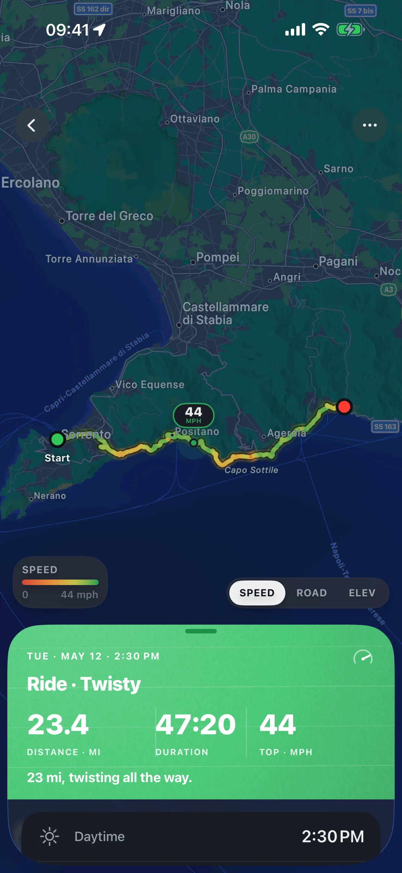 A Roveri ride traced along a dark coastal map with a green stats panel