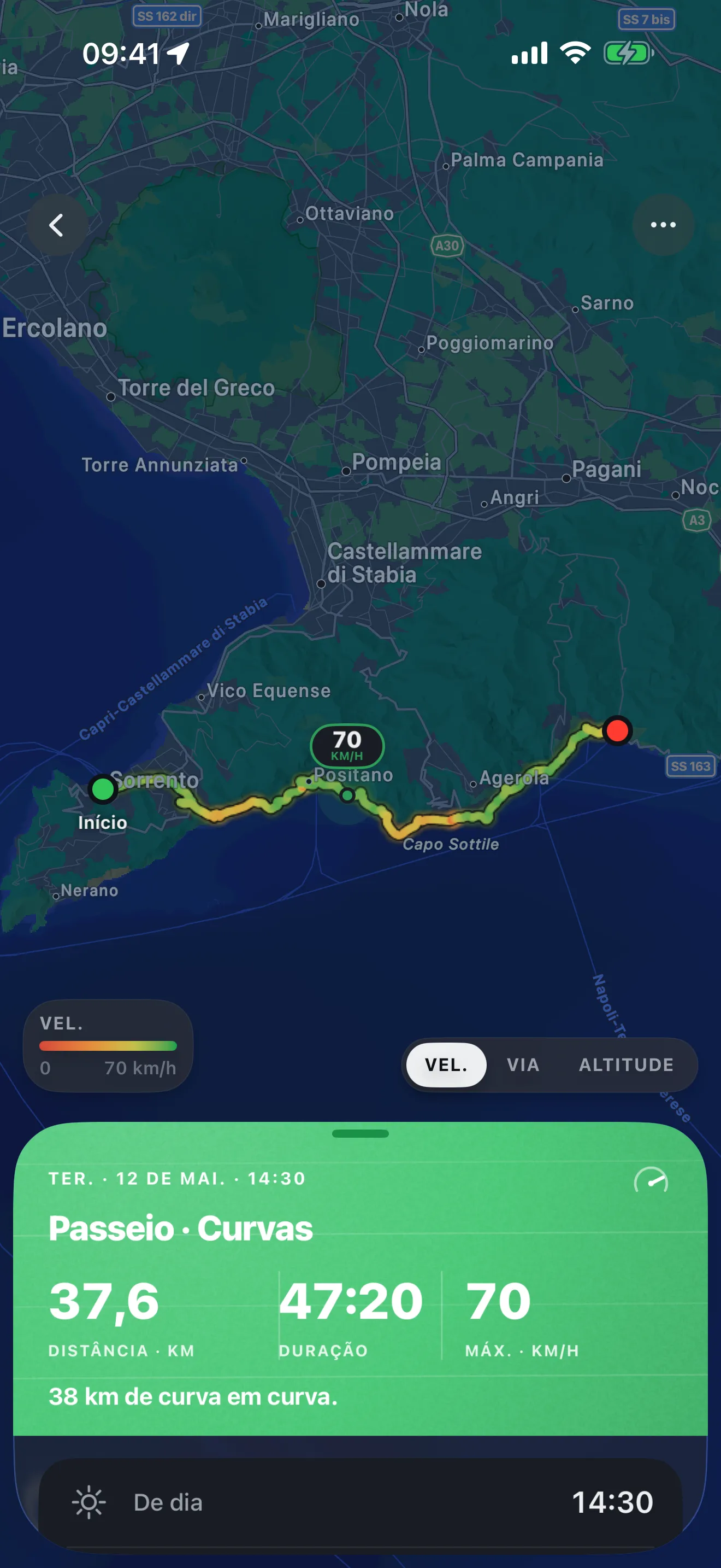 O Roveri mostrando um passeio gravado: o percurso desenhado sobre um mapa escuro do litoral, ao lado um painel verde com as estatísticas