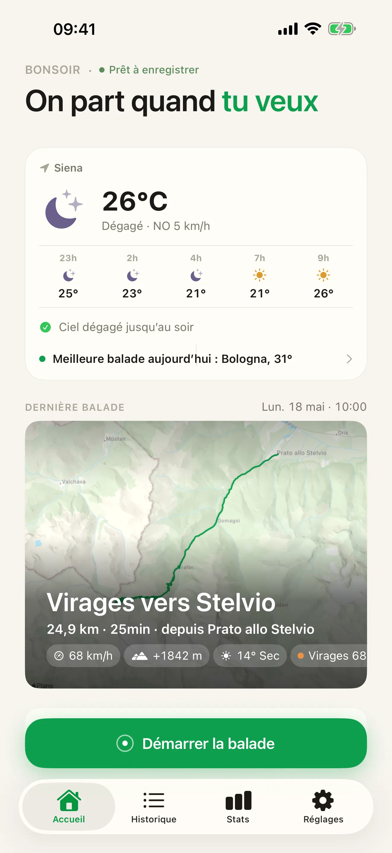 L’écran d’accueil de Roveri — la météo du jour pour rouler, la carte de la dernière balade et le bouton « Démarrer la balade »
