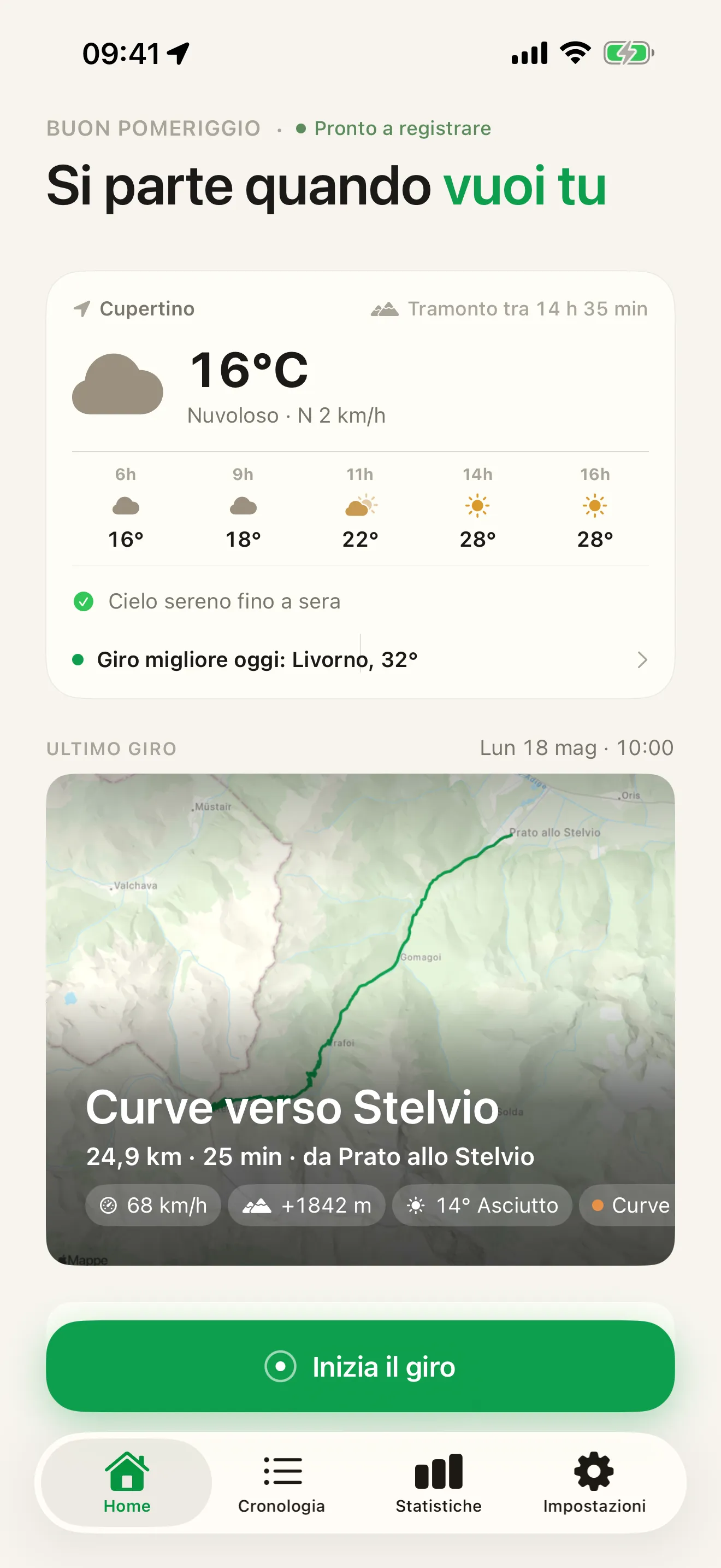 La schermata Home di Roveri — il meteo del giorno, il riepilogo dell’ultimo giro e il pulsante «Inizia il giro»