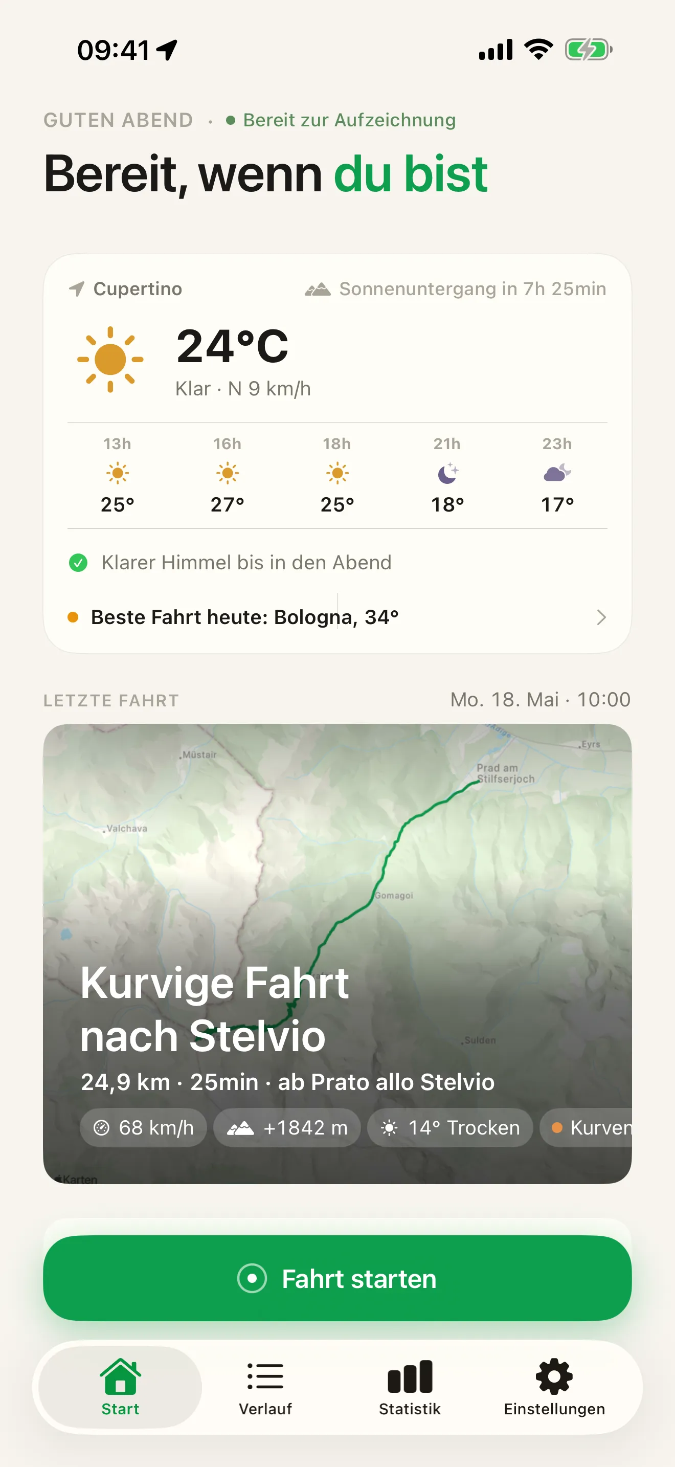 Startbildschirm von Roveri – das Wetter fürs Motorradfahren an diesem Tag, die Karte der letzten Fahrt und die Taste „Fahrt starten“