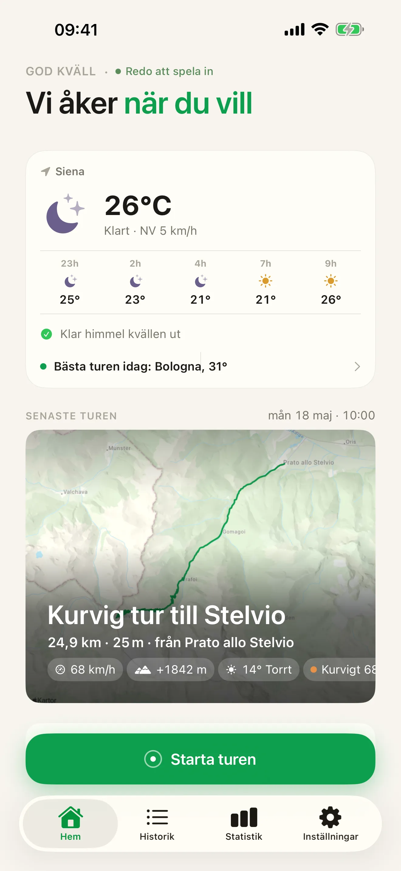 Roveris hemskärm – dagens körväder, kortet från senaste turen och knappen Starta turen