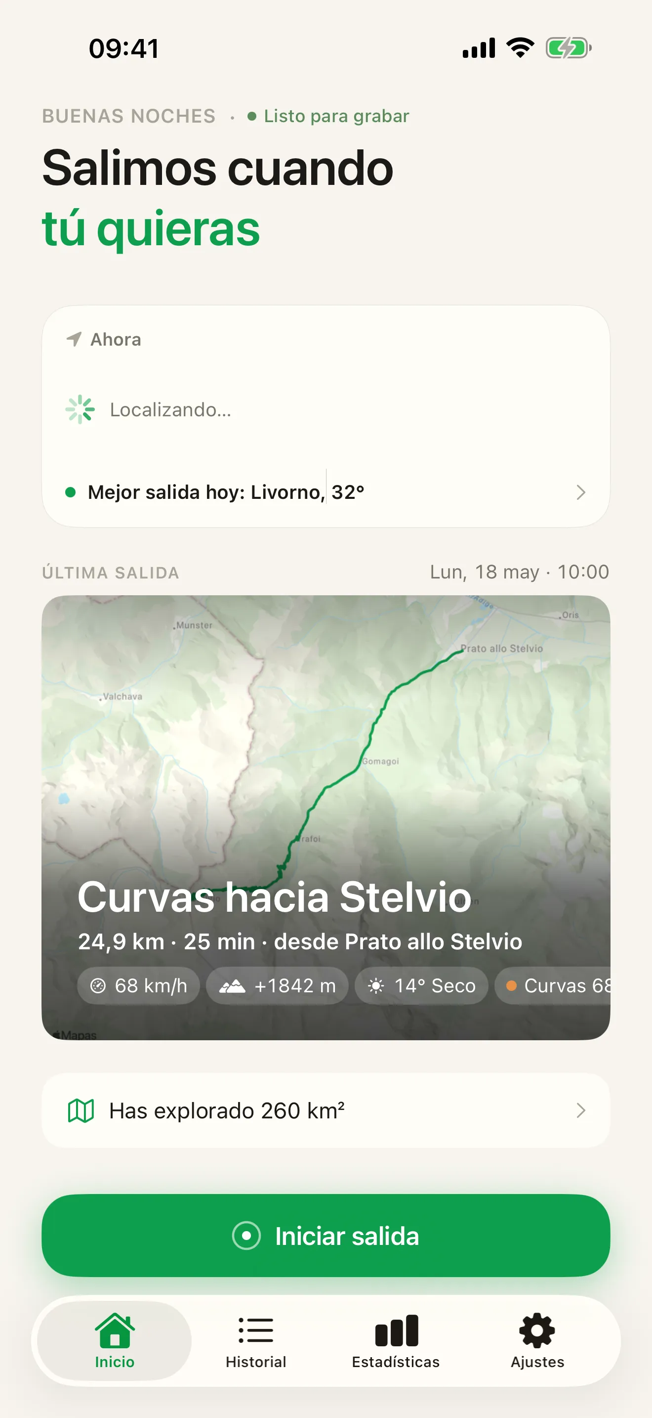 Pantalla de inicio de Roveri: el clima para rodar del día, la tarjeta de la última salida y el botón «Iniciar salida»