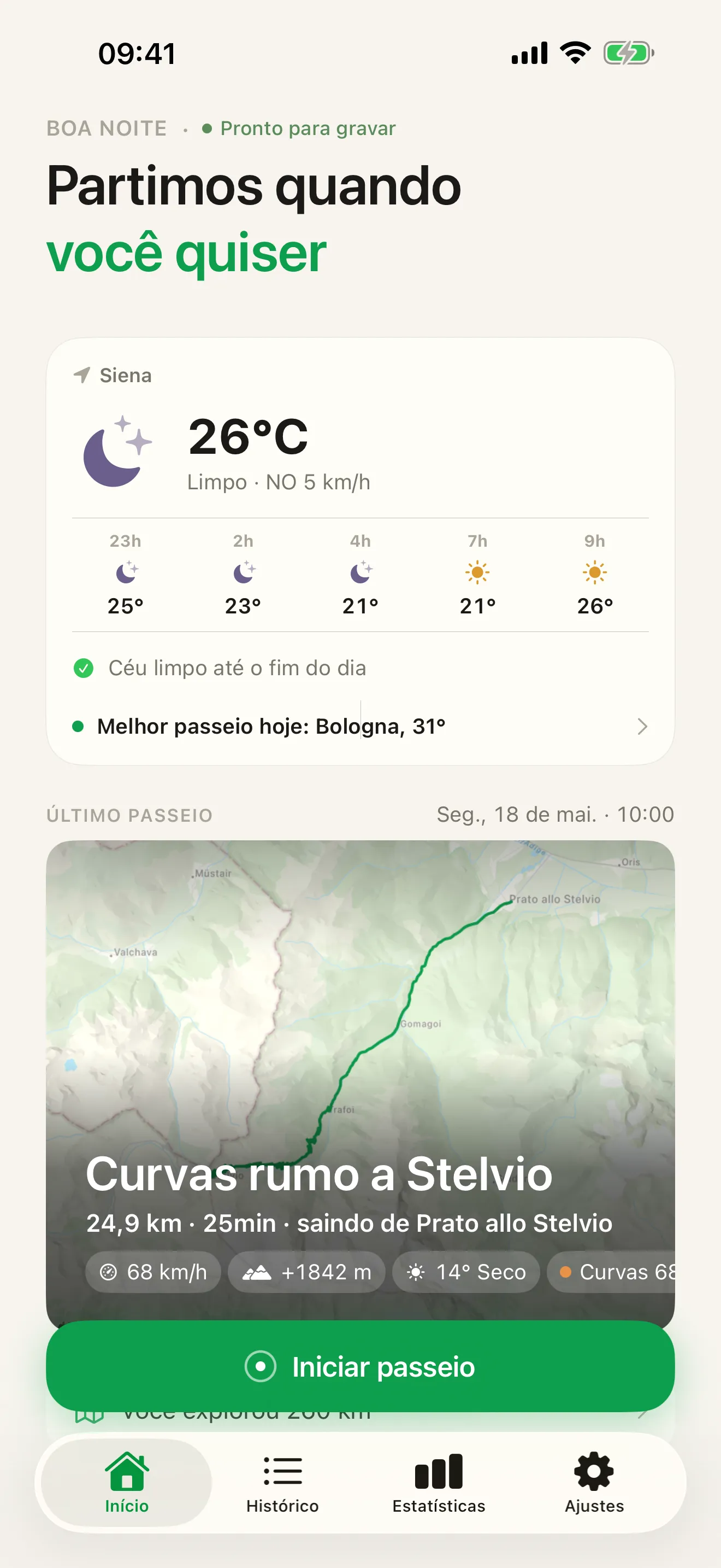 A tela inicial do Roveri — o clima do dia para rodar, o cartão do último passeio e o botão “Iniciar passeio”