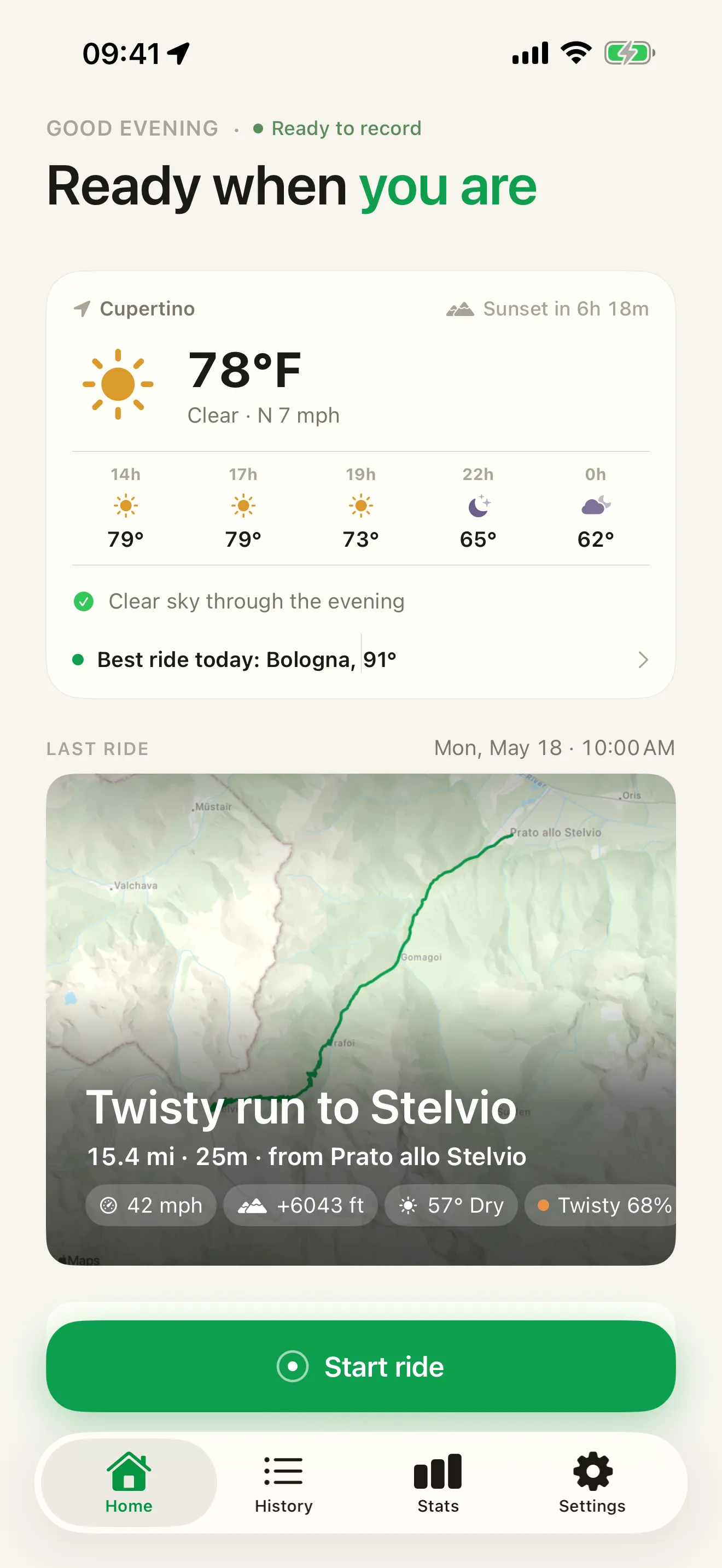 Roveri home screen — today's weather and the last ride, calm and uncluttered