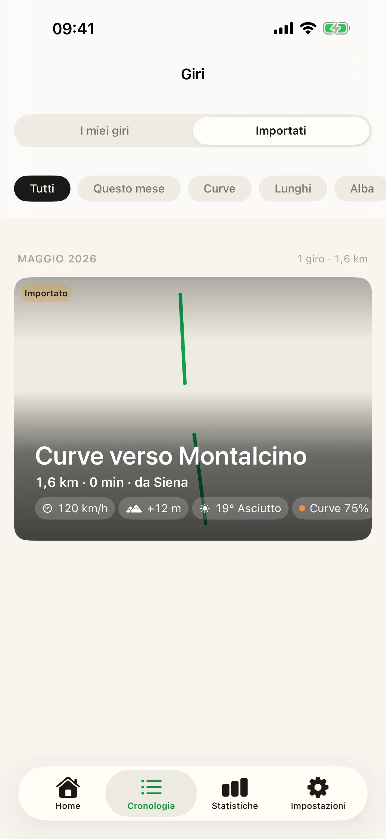 La schermata «Giri» di Roveri con il segmento «Importati» selezionato: un giro importato con l’etichetta «Importato» e il titolo «Curve verso Montalcino», il suo tracciato disegnato dall’alto in basso sulla scheda e i valori 120 km/h, +12 m, 19° Asciutto e Curve 75%