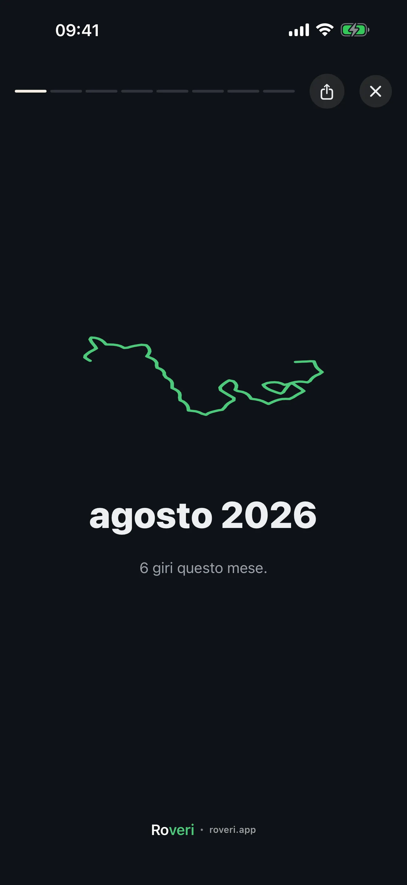 La copertina di un Rewind di Roveri: un mese di giri disegnato come un’unica linea verde su una scheda scura, e sotto il mese e il numero di uscite
