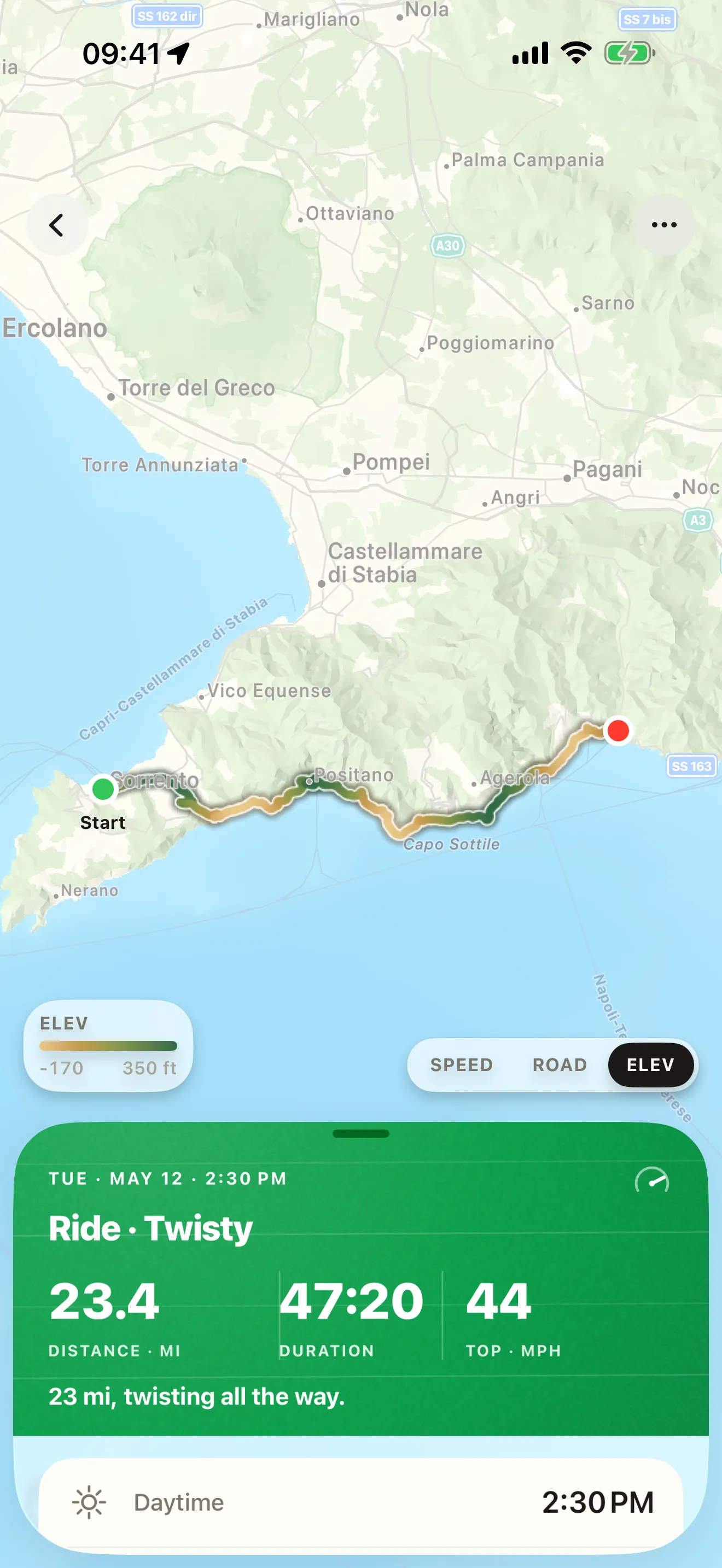 A ride's route painted by the elevation climbed