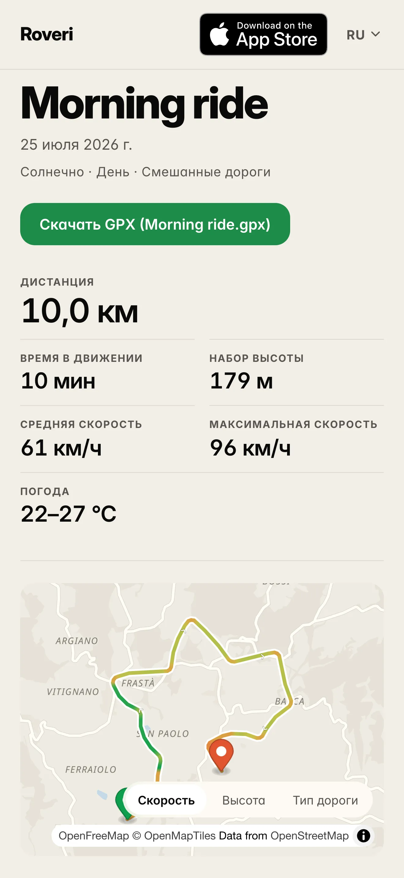 Поездка Roveri со ссылкой, открытая в браузере, созданная с двумя выключенными переключателями приватности: название и дата, строка «Солнечно · День · Смешанные дороги», зелёная кнопка «Скачать GPX (Morning ride.gpx)», затем дистанция, время в движении, набор высоты, средняя и максимальная скорость и диапазон температуры, а в самом низу маршрут на карте со слоями «Скорость», «Высота» и «Тип дороги». На настройках по умолчанию та же страница прячет максимальную скорость и оставляет только «Высоту» и «Тип дороги».