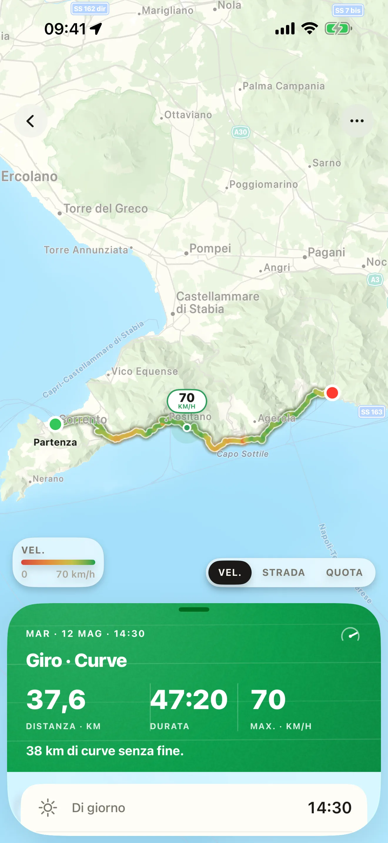 Il tracciato di un giro disegnato in base alla velocità, lungo una strada costiera