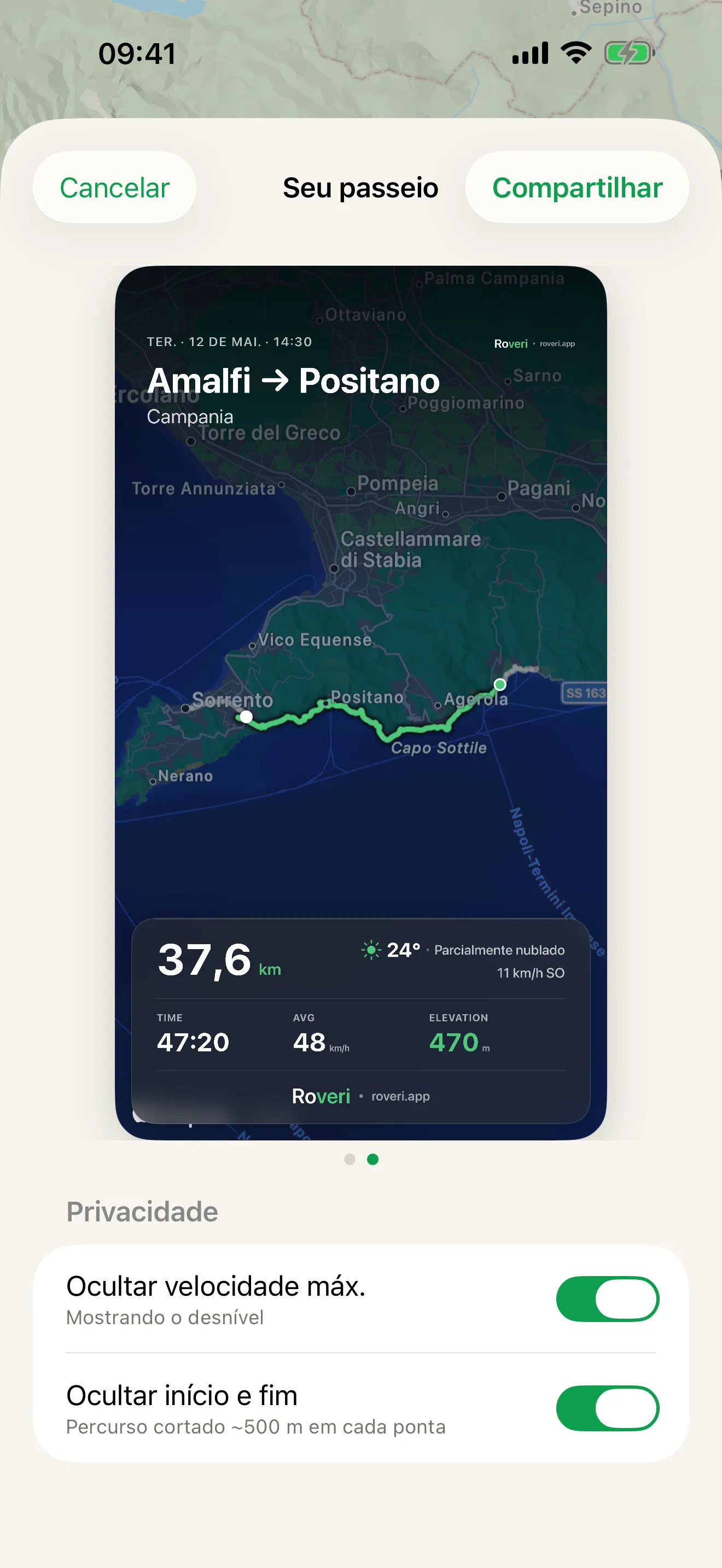 Um cartão de passeio do Roveri sobre um fundo de mapa