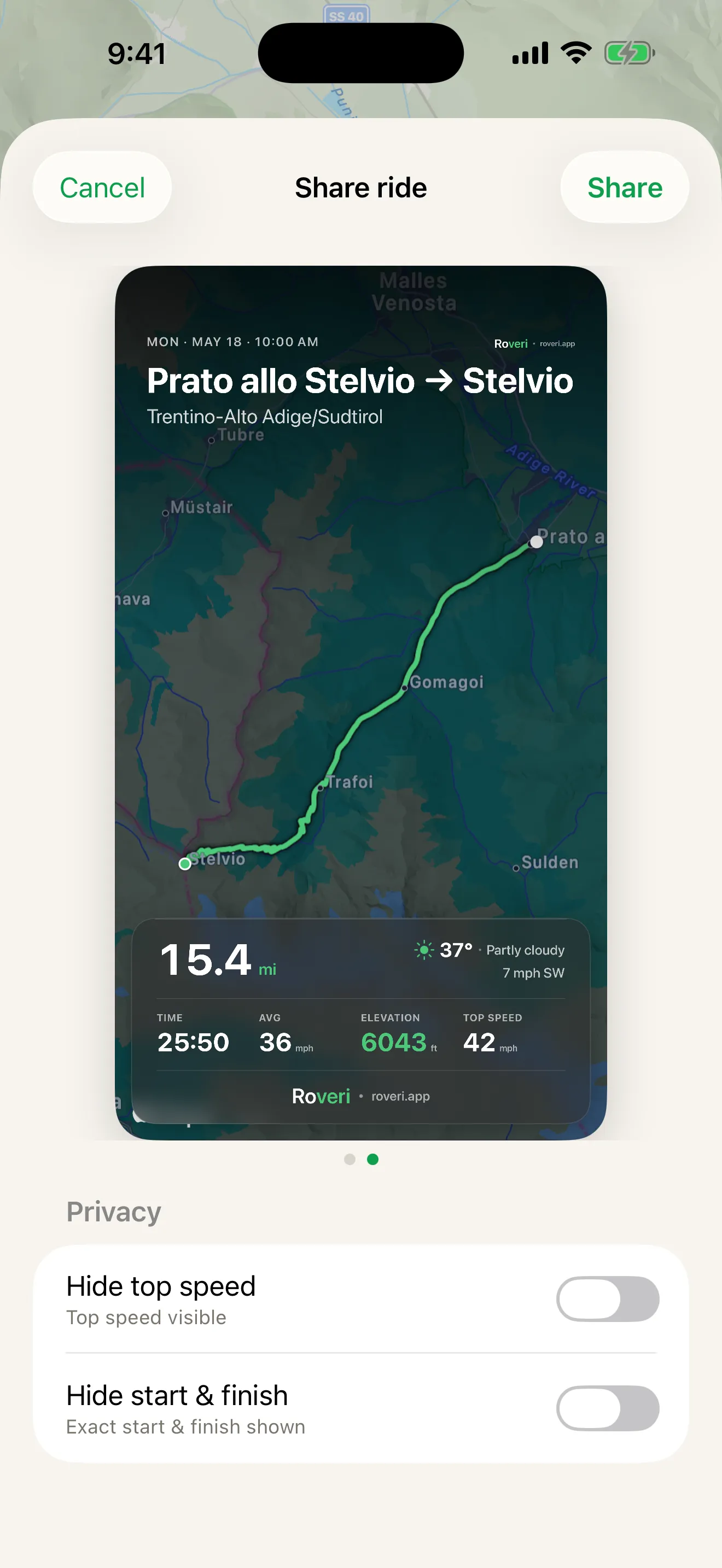 A Roveri ride share card over a map background