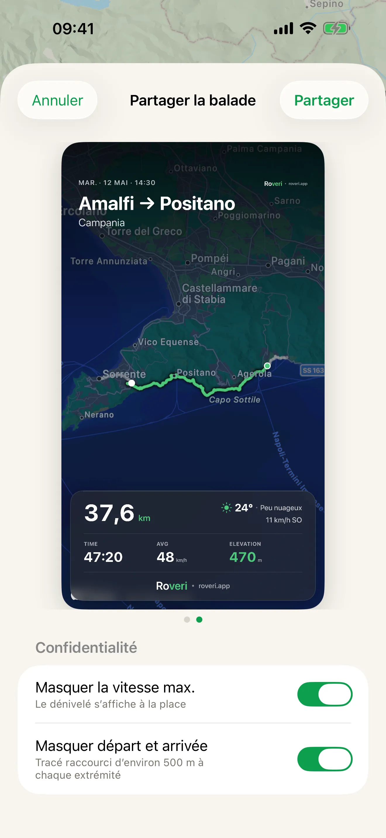 La carte à partager d’une balade Roveri, posée sur un fond de carte