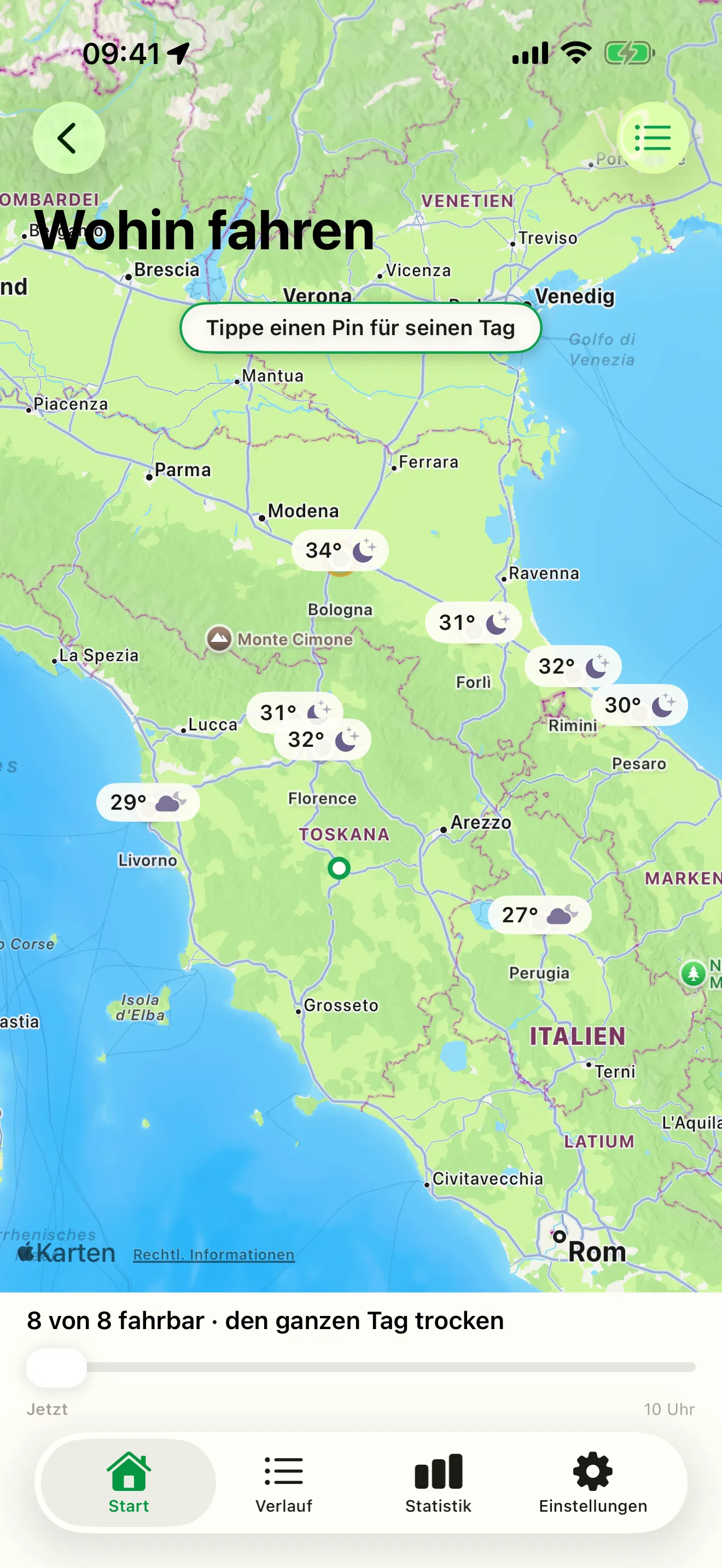Wohin fahren – Ziele in der Nähe als Nadeln auf einer Karte, jedes mit einer Bewertung für das Wetter fürs Motorradfahren an diesem Tag