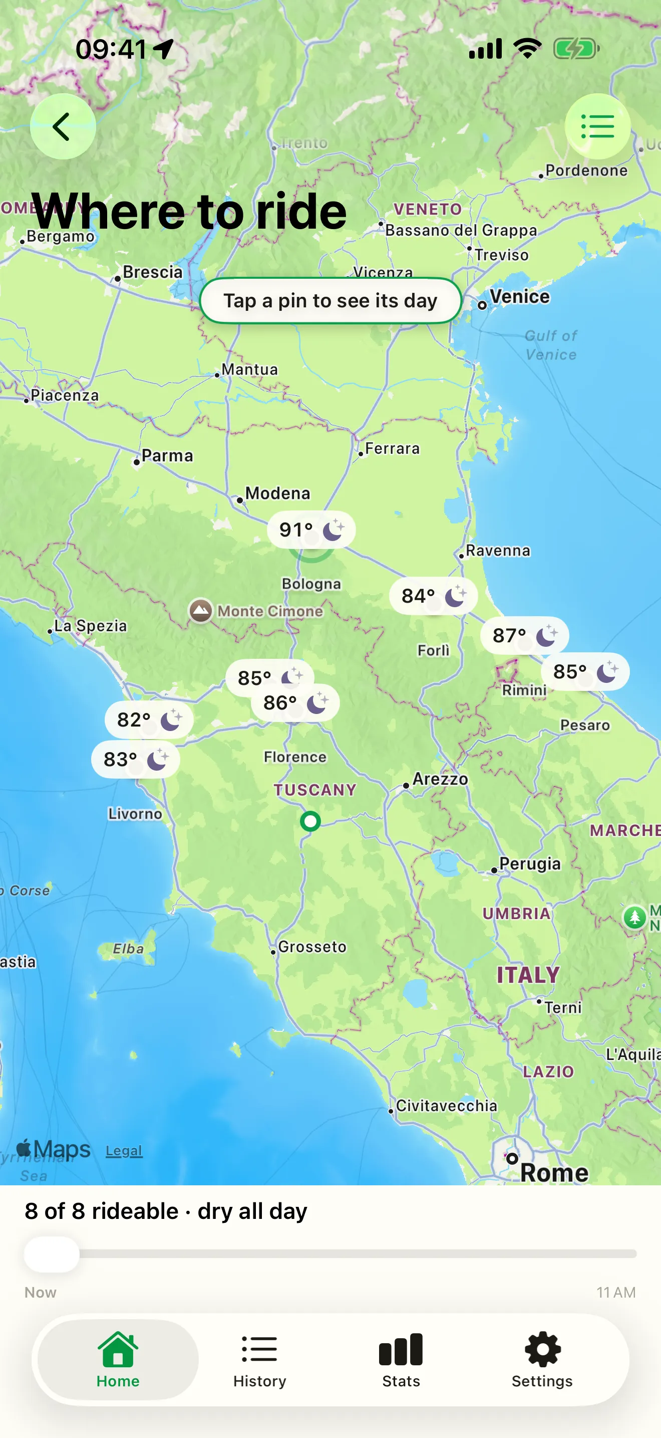 Where to ride — nearby destinations pinned on a map, each rated for the day's riding weather